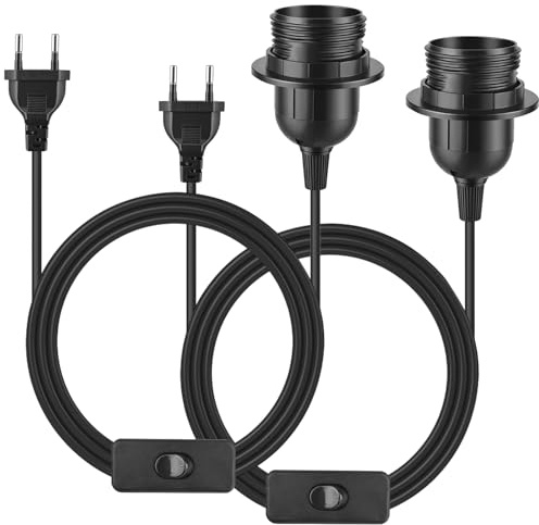 Gaethra Pack de 2 Portalámparas E27, Portalamparas E27 con Cable de 3,5 m, Adecuado Para Sala De Estar, Cocina, Dormitorio, Negro