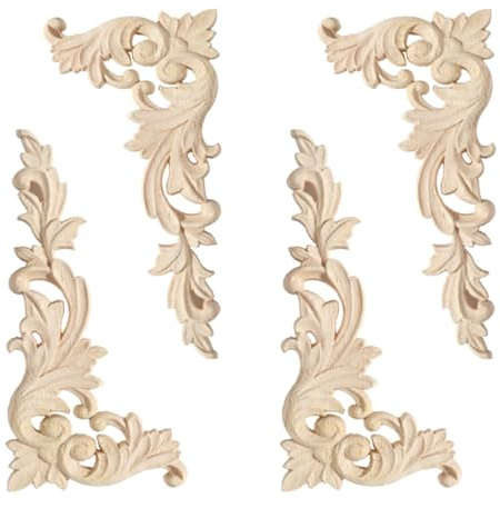 Niaciswe 4 Pezzi Fregio Legno Intagliato Applique in legno Applicazione mobili Applique per mobili Legno Decalcomanie Fregi Non Dipinta ad Angolo Decorativi per Mobili