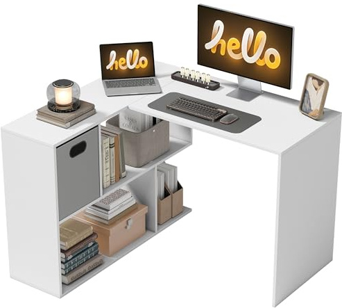 HOMCOM Scrivania ad angolo, 110 x 100 x 75 cm, scrivania a L con cassetto in tessuto e vani a giorno, tavolo per computer per casa, camera da letto e studio, bianco