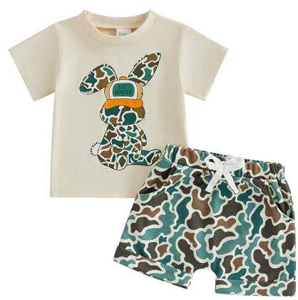 Fufuriprefer Toddler Boy Easter Outfit Letter Cross Short Sleeve T Shirt Camouflage Shorts Set 2T 3T 4T 5T Summer Outfits (Egg Hunter Bunny Beige, 2-3T)