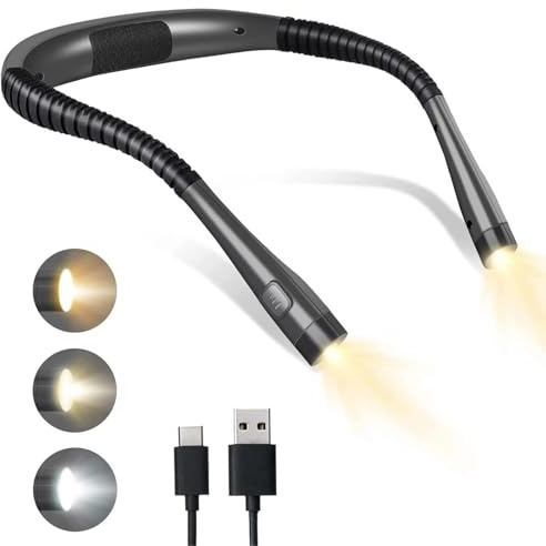 Rechargeable LED Neck Reading Light, 3-Color Dimming, Flexible Arms for Bed | Hands-free, eye-caring, long-lasting battery, 3-color dimmable, flexible arms, ideal for bed, knitting, camping, repairing