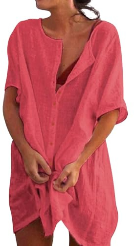 Camisas Mujer Largos Vestido Playa Verano Camisa Suelta de Bikini Cover Up Traje de Playa para Mujer Vestido de Playa Casual Blusa Camisolas Playeras Suelto Pareos Color Sólido S-5XL