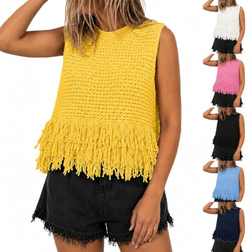 Dam lätt ärmlös rund hals frans tröja väst virkad beskärning linne boho stickade sommarsemester kläder, gUL, XL