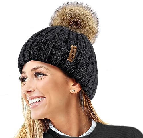 TOSKATOK® Cappello/Berretto Lavorato a Maglia Invernale Donna con Pelliccia Staccabile in Eco-Pelliccia Pesante Pom Pom-Black