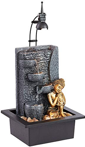 Kneeling Gold Buddha 17 High Small Zen Asian Indoor Outdoor Decor Faux Stone Tabletop Fountain with Light LED Bowl Waterfall Tiered Water Feature for Outside Garden Patio Yard Desk - John Timberland