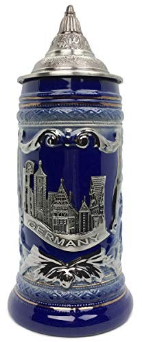 Essence of Europe Gifts E.H.G 0.6 Liter | Oktoberfest Haus German Rothenburg Beer Stein With Metal Emblem, Cobalt Blue Bier Krug Ceramic Stein Mug Tankard With Lid