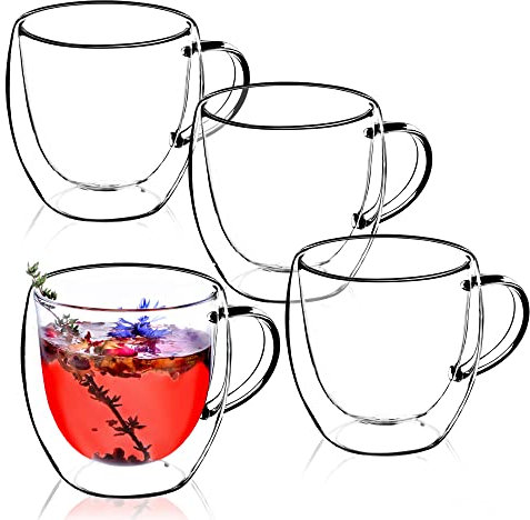 KADAX Taza de cristal de doble pared, 250 ml, con asa ancha, para zumo, té, café, capuchino, agua, té helado, hielo, vidrio universal, vaso de té, vacío (4)
