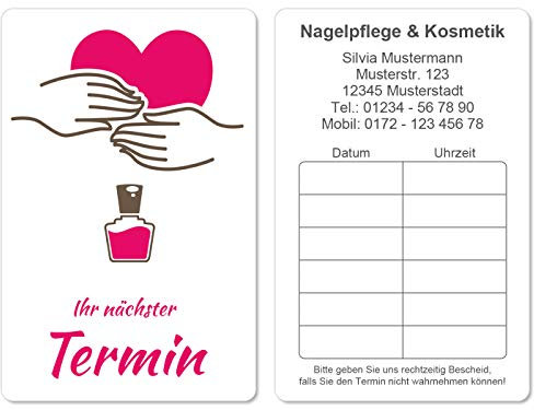 500 Terminkarten bedruckt mit Ihrer Adresse für Nailart Nagelstudio Nails - Kein Stempel notwendig - Inkl. Kartenspender