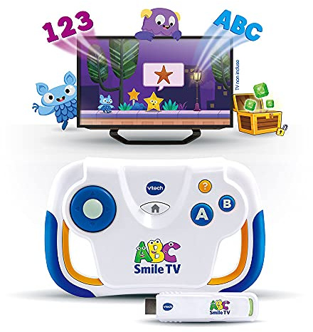 VTech - ABC Smile TV, Ma Première Console TV Éducative, Console de Jeux et d'Apprentissages avec Manette sans Fil, Clé HDMI Plug and Play, Cadeau Enfant de 3 Ans à 7 Ans - Contenu en Français