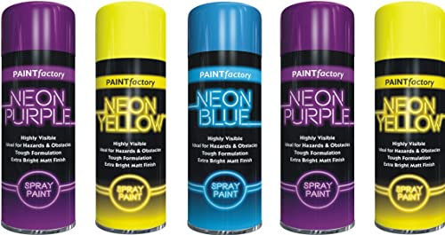 HitlineUK Neon Spray Paint 5 CANS OF FLUORESCENT NEON SPRAY CAN PAINT 200ML GRAFFITI EXTRA BRIGHT Yellow Blue Purple
