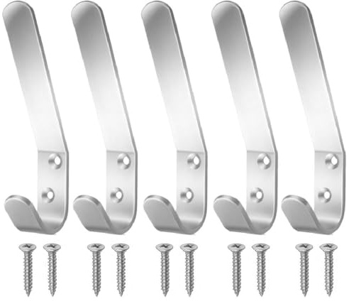Aluminum Double Hat and Coat Hanger Hooks with Fixing Screws, 5 Pack | 5 satin aluminium double hooks with fixing screws for coats, robes, towels, bags and compatible wall or door mounting.