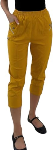 Ladies Capri Pants Womens Three Quarter Soft 3/4 Ladies Stretch Cropped Elasticated High Waist Plain Plus Size Summer Trousers for Women UK 10-24 (Mustard, 22)