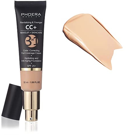 PHOERA Anti-Aging Color Correcting Full Coverage Cream Foundation SPF 25+ Revitalizing & Younger infused Concealer with Vitamins For dark circles, acne scars, wrinkles & redness. (Nude)