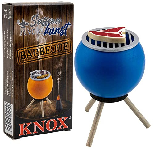 Seiffener Volkskunst Forno per affumicatura, 10 cm, barbecue + coni di incenso Knox BBQ | barbecue con bistecca | blu + Knox