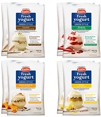 EasiYo Yogurt 8 Sachet Pack | EasiYo Greek Style Mixed Pack | 2 x Greek Style Coconut 2 x Greek Style Rhubarb 2 x Greek Style Peach & Apricot 2 x Greek Style Lemon | Each Sachet Makes 1kg of Yogurt
