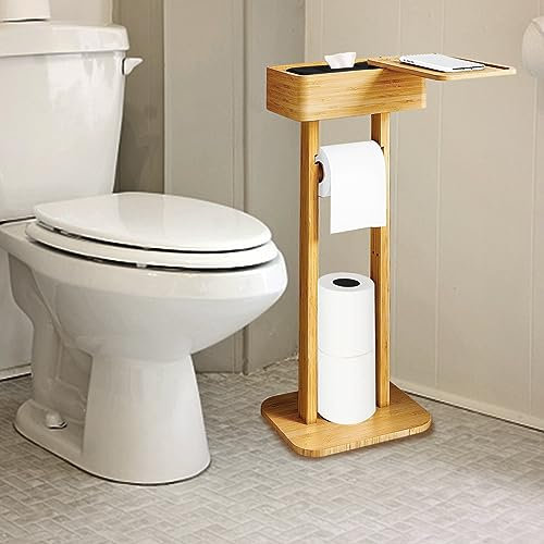 Whemyreat Toilet Roll Holder Stand,4-In-1 Toilet Paper Holder With Storage Shelf Box,Bamboo Toilet Roll Holder Free-Standing,Toilet Tissue Paper Roll,Toilet Wipe Dispenser Organizer,9.8x7.9x25.4