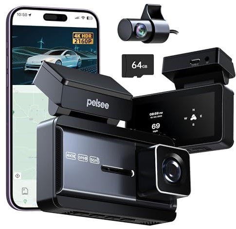 Pelsee P3 4K Dash Cam Front and Rear,Free 64GB SD Card, 4K+1080P Dual Dash Camera for Cars with Wi-Fi, GPS, ADAS, BSD, 3 IPS Display Car Camera, APP-Voice Control, Night Vision, 24H Parking Mode