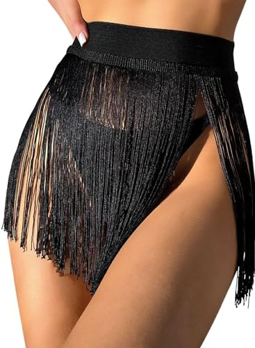 Damen Quaste Rock - Festival Accessoires Rave Outfit Mode Punk Fransen Röcke Sexy Minirock Techno Skort Taillengürtel Gothic Gürtel Skirt Frauen Strand Tankinis(Black,XL,1117w)