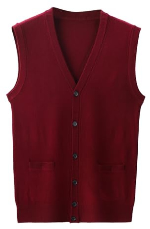 Bauzuoyo Chaleco de punto para hombre, mezcla de lana, con botones, cuello en V, monocolor, sin mangas, bolsillos, forro polar, chaleco cálido para otoño e invierno