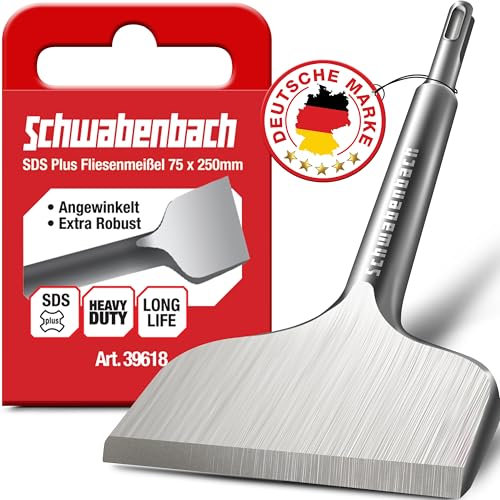 SCHWABENBACH ® Cincel para azulejos en ángulo, 75 x 250 mm, SDS Plus, para quitar azulejos, ideal para quitar enlucidos, punta extra endurecida, cincel para martillo perforador de 75 mm para
