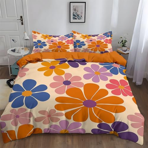 Sängkläderna 200 x 200 cm retro mode blommönster, påslakan med 2 örngott, tryck, orange och gul barn tonåringar vuxna gåva polyesterpåslakan