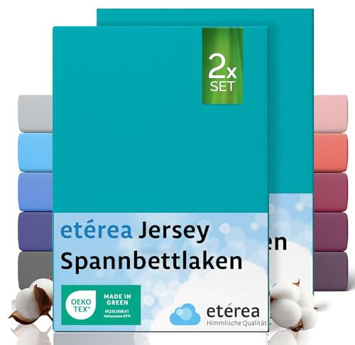 etérea Jersey 2er Set Spannbettlaken 90x200cm - 100x200cm Ocean bis 25 cm Höhe - 100% Baumwolle Spannbetttuch Oekotex - Doppelpack Bettlaken 90x200 cm - 100x200 cm - Blau