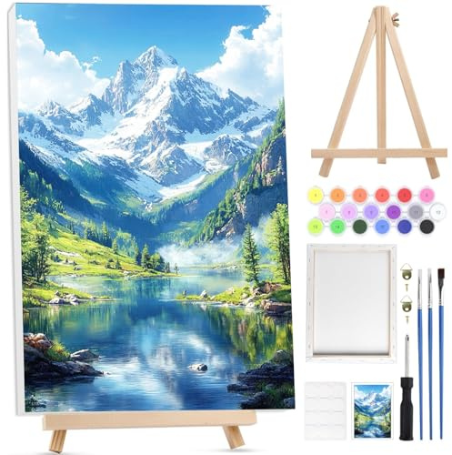 BOWETILE Snöigt berg måla efter nummer för vuxna med ram, landskapsmålning nummer för vuxna nybörjare canvassats med trästaffli, akrylfärg för dekoration 20 x 30 cm