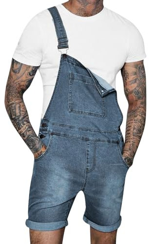 Salopette en jean pour homme avec bretelles - Style décontracté et léger - Couleur unie - Style vintage - Coupe ajustée - Pour festival - Short cargo - Vêtements hippies