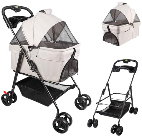 Passeggino pieghevole per cani di piccola taglia, passeggino pieghevole adatto per cani e gatti di piccola taglia sotto i 25 kg, porta bicchiere, ruote in EVA girevoli a 360° con freno-A-grigio
