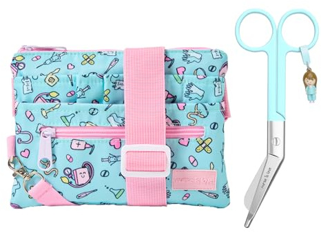 Nurse is Love Set para Enfermera y TCAE (2uds). | Riñoneras + Tijeras Enfermeria Curvas con Mosqueton | Accesorios para Enfermera | Usa con Lanyard - Salvabolsillos, Regalos Original -AQUA