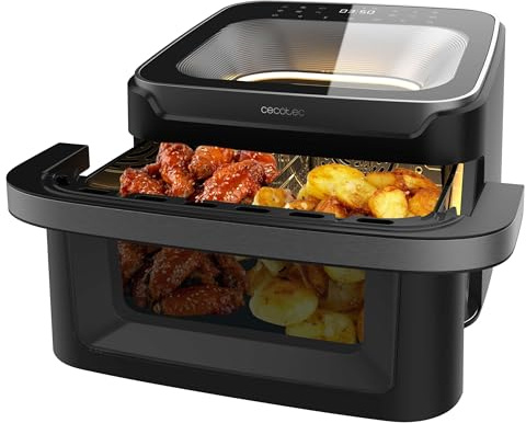 Cecotec Friggitrice ad aria senza olio - Air Fryer 10L Cecofry Advance 10000 Full Vision. 2200 W, parete divisoria, 12 menu, finestra anteriore, piastra per pizza, Temp 40-200 °C, manico freddo al