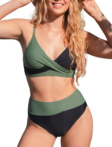 TcIFE Costume da Bagno Due Pezzi da Donna, Set Bikini a Vita Alta con Scollo a V, Controllo Pancia Color Block Sexy Costume Piscina