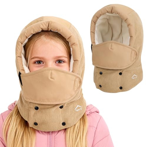 TAGVO Pasamontañas Térmico para Niños Resistente al Viento de Pana Máscara de Esquí Ajustable con Calentador de Cuello para Niños y Niñas de 3–8 Años Actividades al Aire Libre