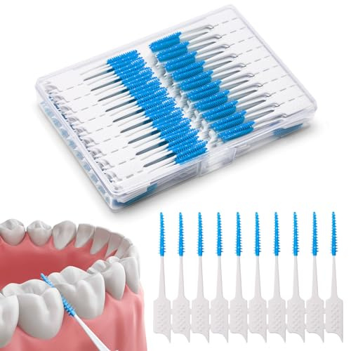 ACSKD 300 Pieces Interdental Brushes,Braces Brush with Silicone Head,Dental Tooth Flossing Toothpick Cleaners Tooth Tool, Blue