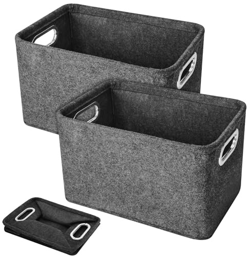 Elyrau Felt Fabric Storage Baskets with Handle, 2 Pieces, Dark Grey