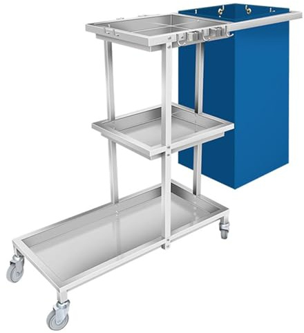Carrello per pulizie commerciale, carrello resistente in acciaio inox con spazio per riporre oggetti, ideale per hotel, supermercati e uffici