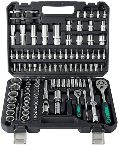 Ginour 138-Piece Socket Wrench Set, 1/4, 1/2 Drive Socket Set with Quick Release Ratchets, Sockets, Bits, Extensions, Adapters – CR-V Metric Tool Set for Car Repair, Bicycle,DIY