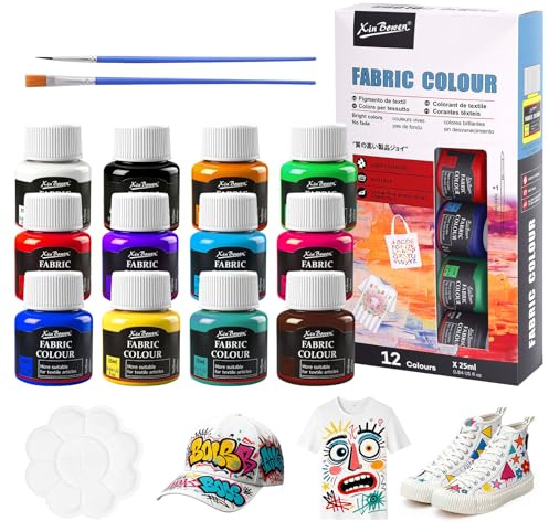 Trukafie Textilfarbe Waschmaschinenfest Set 12x25ml Waschbare Stofffarbe Stofffarben Waschfest Stoffmalfarbe für T-Shirt Jeans Kleidung Taschen und anderen Stoffen