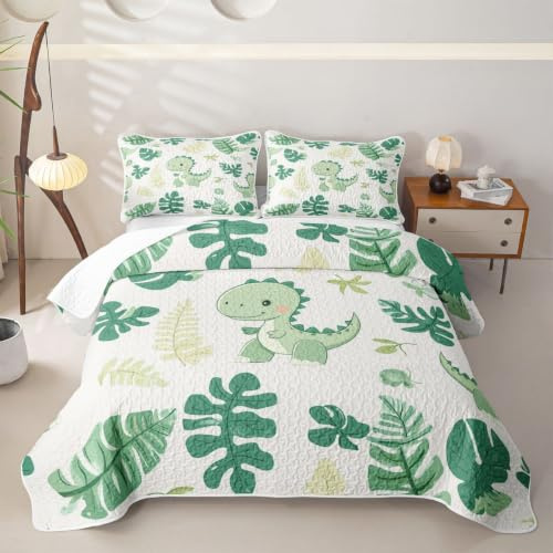 Loussiesd Jungle Dino quiltat överkast för alla årstider tecknad dinosaurie överkast dubbel storlek för barn pojkar flickor löv quiltade sängkläder med 2 örngott påslakanset mjukt