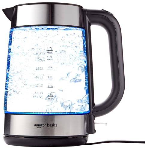 Amazon Basics Electric Glass Kettle, 1.7 Litres, Black, Silver
