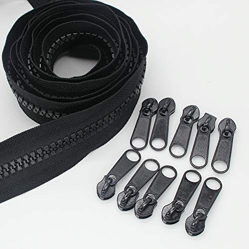 #10 Large Plastic Zipper by The Yard Bulk 5 Yards with 10pcs Long Sliders for DIY Sewing Tailor Crafts Bags Tents Black (5 Yards)