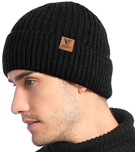 Vgogfly Lined Men Beanie Slouchy Knit Skull Cap Warm Stocking Hats Guys Women Striped Winter Beanie Hat Black