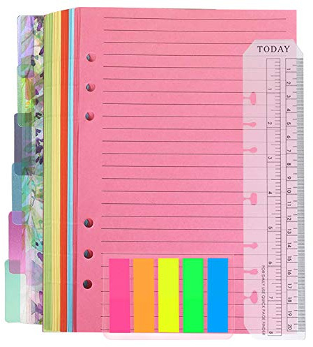 QincLing Set di fogli per appunti ricaricabili, formato A5, 1 confezione, 50 fogli, 6 fori, carta di ricarica A5, a righe, 6 fogli in PVC colorati, divisori, 125 pezzi, registro con righello per
