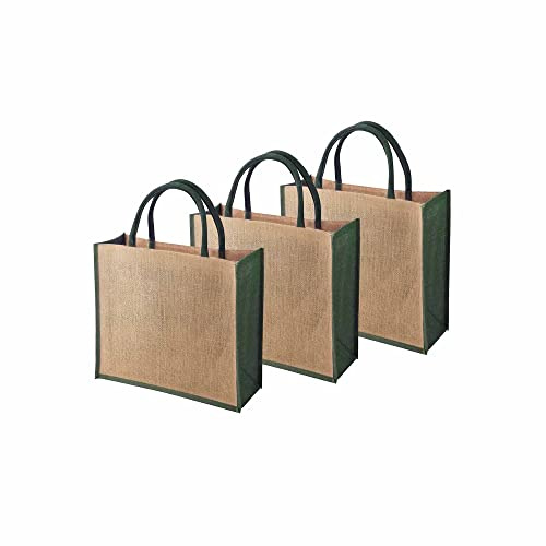 Ecoduka® Classic Supermarket Jute Shopper Bag with Coloured Gussets, Eco Hessian Shopping Bag with Coloured Short Padded Handles | Sustainable Reusable Market Bag | UK Supplier (Green, 1 Pack)