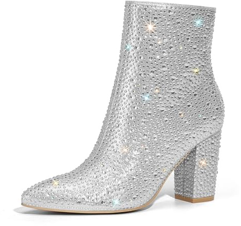 Rollda SUEDI Rhinestone Boots for Women, Sparkly Ankle Booties with Pointed Toe, Ladies Block Chunky Heel Glitter Boots