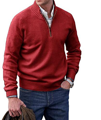 ZHONGLE Hombres Cachemira Cremallera Suéter Básico,Suéter de Punto Casual Jersey de Manga Larga,Suéter de Punto de Invierno para los Hombres (4XL,Rojo)