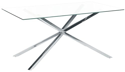 Tavolo da pranzo rettangolare con piano in vetro temperato trasparente 160 x 90 cm gambe in argento