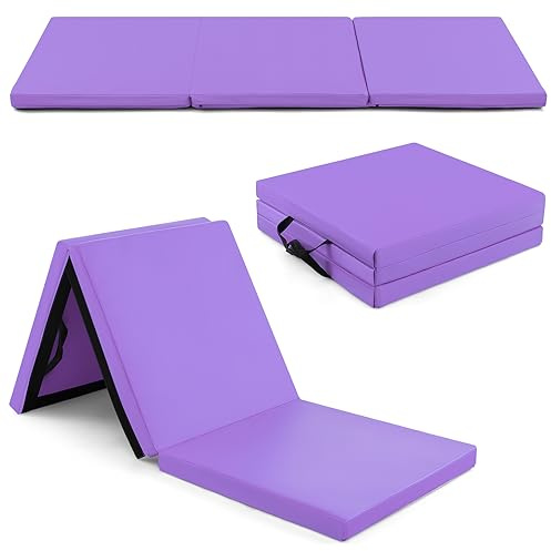 GYMAX Tapis de Gymnastique Épais Pliable 180x60x5cm, Combinaisonable avec Attache Auto-Agrippante, Housse en Simili Cuir, Portable avec Poignées de Transport, pour Yoga, Fitness, Étirement(Violet)