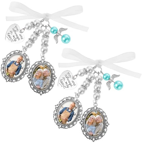 2Pcs Wedding Bridal Bouquet Photo Charms Silvertone Keepsake Ribbon Bow Pearl You Are Always In My Heart Personalized Memorial Pendant Customize Bridegroom DIY Picture for Memory Friend Gift