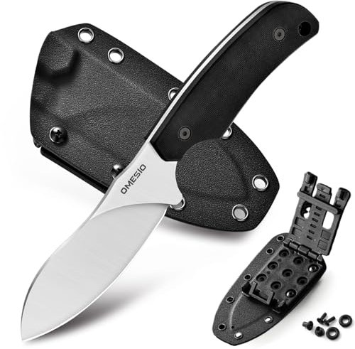 Omesio couteau fixe avec étui Kydex, Nessmuk D2 acier Full Tang couteau de chasse, 22,5 cm de longueur totale, ergonomique G10 couteau de ceinture Convient pour le camping en plein air(noir + blanc)